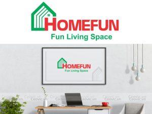 Logo thương hiệu HOMEFUN với gam màu xanh đỏ nổi bật cùng slogan Fun Living Space